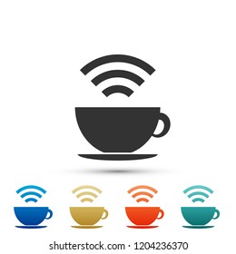 Cup of coffee shop with free Wi-Fi zone icon isolated on white background. Internet connection placard sign. Set elements in colored icons. Flat design. Vector Illustration