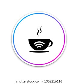 Cup of coffee shop with free wifi zone icon isolated on white background. Internet connection placard. Circle white button. Vector Illustration