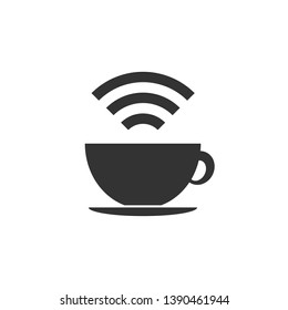 Cup of coffee shop with free Wi-Fi zone icon isolated. Internet connection placard sign. Flat design. Vector Illustration