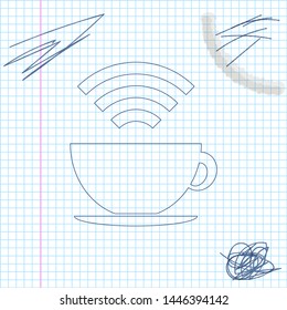 Cup of coffee shop with free wifi zone line sketch icon isolated on white background. Internet connection placard. Vector Illustration