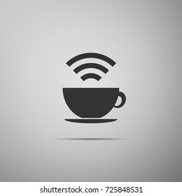 Cup of coffee shop with free wifi zone sign. Internet connection placard icon isolated on grey background. Flat design. Vector Illustration