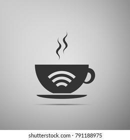 Cup of coffee shop with free wifi zone sign. Internet connection placard icon isolated on grey background. Flat design. Vector Illustration