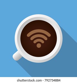 Cup of Coffee Shop with Free WiFi Zone Sign. Vector Illustration. Internet Connection Placard for Cafeteria. Decorative Design for Posters, Banners, Cards, Window Stickers
