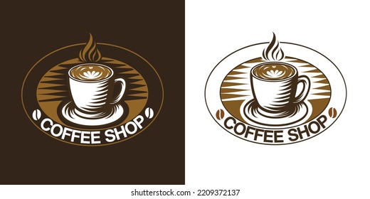  A Cup of coffee - Coffee Shop logo vector illustration, emblem design on black and white background.