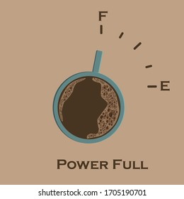 Una taza de café muestra el nivel de combustible en forma de fondo beige. Ilustración vectorial.