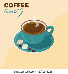Cup of coffee, side view. Coffee in a blue cup. Coffee time.