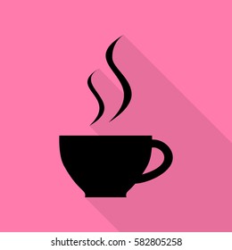 Cup of coffee sign. Black icon with flat style shadow path on pink background.