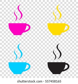 Cup of coffee sign. CMYK icons on transparent background. Cyan, magenta, yellow, key, black.
