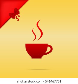 Cup of coffee sign. Cristmas design red icon on gold background.