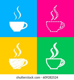 Cup of coffee sign. Four styles of icon on four color squares.