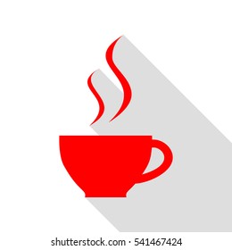 Cup of coffee sign. Red icon with flat style shadow path.