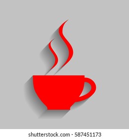 Cup of coffee sign. Vector. Red icon with soft shadow on gray background.