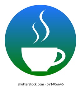 Cup of coffee sign. Vector. White icon in bluish circle on white background. Isolated.