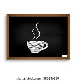 Cup of coffee sign. White chalk icon on black school board with 