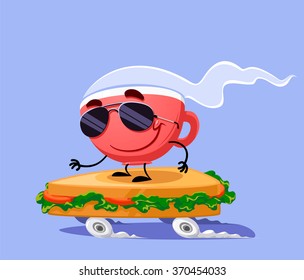 Cup of coffee skate on sandwich. Cute illustration