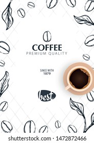 Cup of Coffee. Sketch banner with coffee beans and leaves for poster or another template design