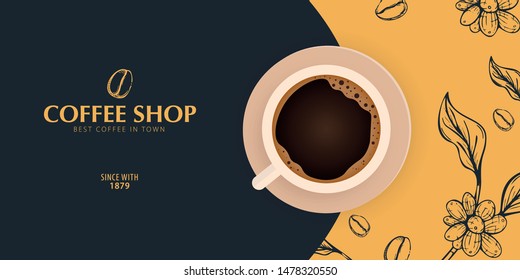 Cup of Coffee. Sketch banner with coffee beans and leaves on colorful background for poster or another template design