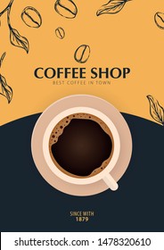 Cup of Coffee. Sketch banner with coffee beans and leaves on colorful background for poster or another template design