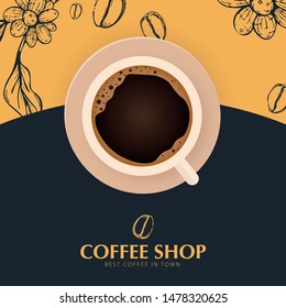 Cup of Coffee. Sketch banner with coffee beans and leaves on colorful background for poster or another template design
