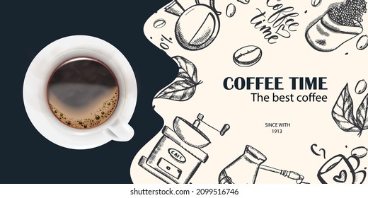 A cup of coffee. A sketch of a banner with coffee beans, leaves, a coffee grinder, a coffee maker on a light milky background for a poster or other template design