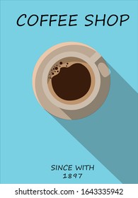 A cup of coffee. Sketch banner with coffee drops and a beautiful tea saucer on a colorful background for a poster, poster or other design template.