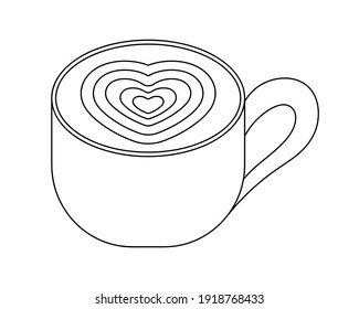 Cup of coffee. Sketch. Heart-shaped foam on the drink. Latte art. Vector illustration. Coloring book for children. Valentines Day. Doodle style. Symbol of love on invigorating liquid. 