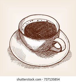 Cup of coffee sketch style vector illustration. Old engraving imitation. Hand drawn sketch imitation