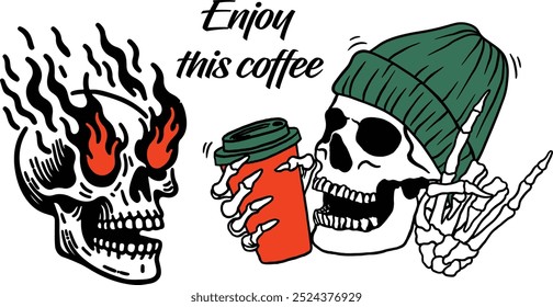 a cup of coffee and a skull with a red cup of coffee.