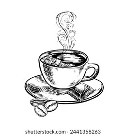 A cup of coffee with a slice of chocolate and coffee beans, black and white vector illustration. For packaging, logos and labels. For banners, flyers, menus and posters