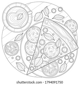 
Cup of coffee and slice of pizza.Coloring book antistress for children and adults. Illustration isolated on white background.Zen-tangle style.
Black and white drawing