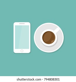 cup of coffee and smartphone on blue background. coffee break vector  flat illustration. study, write, teach sign.  Business lunch. Fast food icon.