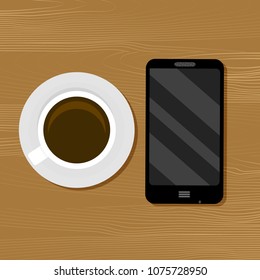 Cup of coffee and smartphone on table. Office business top, workplace mobile screen and espresso, vector illustration