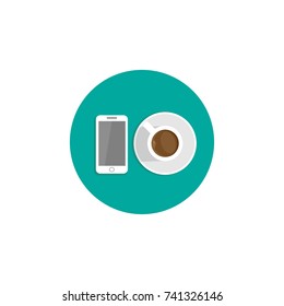 cup of coffee and smartphone in turquoise circle. workplace icon. coffee break vector illustration. study, write, teach sign.  Business lunch. isolated on white background