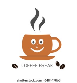 Cup of coffee with smile. Coffee break concept in modern design. Isolated vector illustration. 