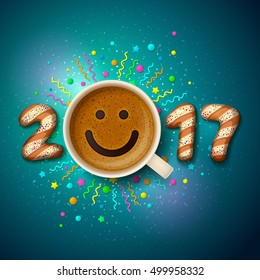 Cup of coffee with smiling face on frothy surface and cookies in shape of digits are forming together a number 2017, on festive dark background. Good mood and happiness for Christmas and New Year