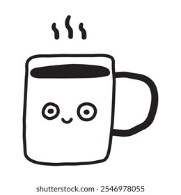 Cup of coffee smiling. Outline vector illustration on white background. 