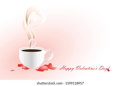 Cup of coffee with smoke in the form of hearts. Lettering with St. Valentine's Day.Design for greeting card, flyer, invitation.