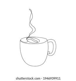 Cup of coffee with smoke and froth in the form of a grain drawn by one line. Vector illustration.