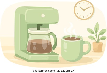 Una taza de café con una cafetera verde suave. Rutina matutina y manifestar una vida saludable