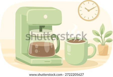 A cup of coffee with a soft green coffee machine. Morning routine and manifesting a healthy life