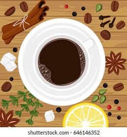 Cup of coffee with spice, lemon, sugar, cinnamon.