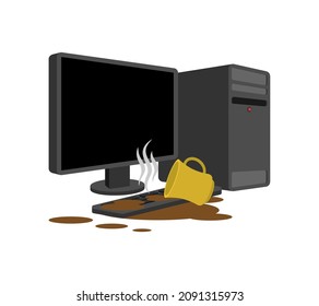 Cup of Coffee spilled computer. Spilled tea on keyboard. Spoiled PC