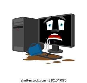 Cup of Coffee spilled computer. Spilled tea on keyboard. Spoiled PC