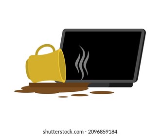 Cup of Coffee spilled Laptop. Spilled tea on keyboard. Spoiled PC