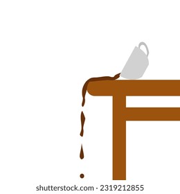 A cup of coffee spilled on the table on the floor vector illustration with white background and copy space.