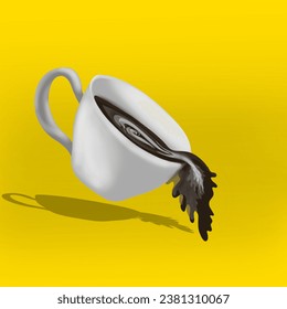 A cup of coffee spilled with a yellow background