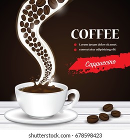 cup of coffee splash , beans , on wood desk vector illustration