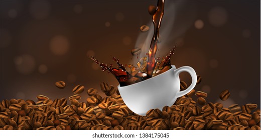 Cup of coffee  with splash effect, coffee beans, transparent smoke.  3D vector. High detailed realistic illustration