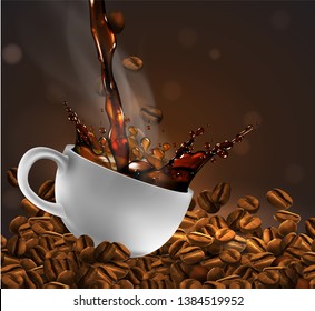 Cup of coffee  with splash effect, coffee beans, transparent smoke.  3D vector. High detailed realistic illustration