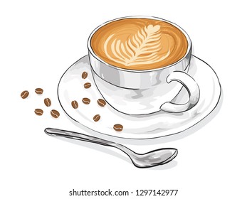 cup of coffee, spoon, coffee bean vector illustration isolated